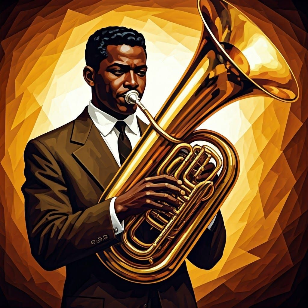 Vibrant Cubist Euphonium Player in 1950s Attire