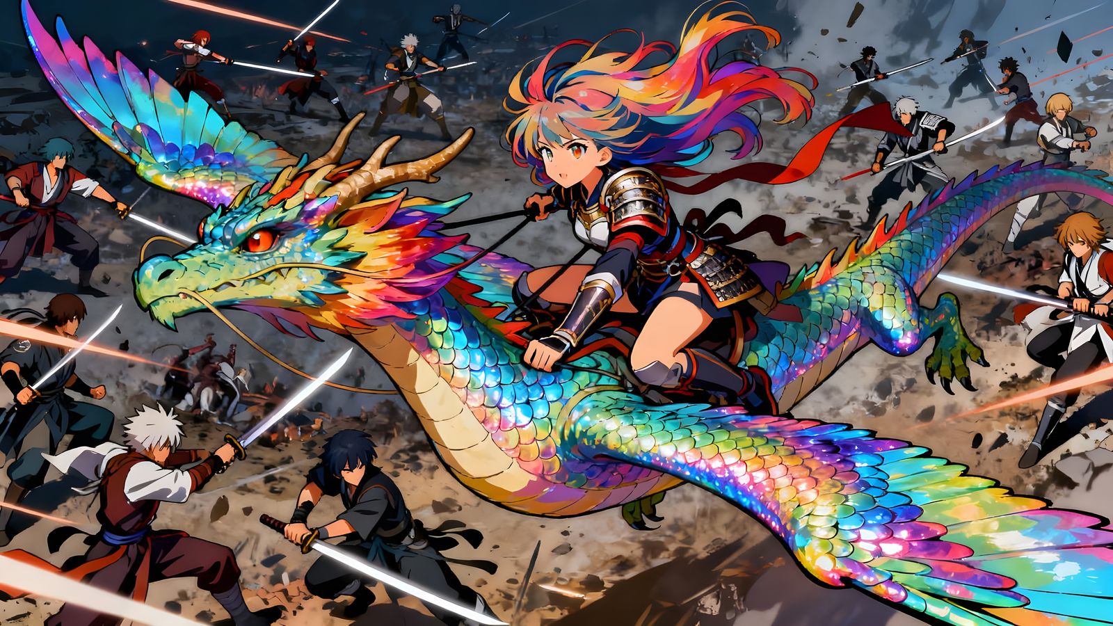Anime Warrior Rides Iridescent Dragon Over Chaotic Battlefie...
