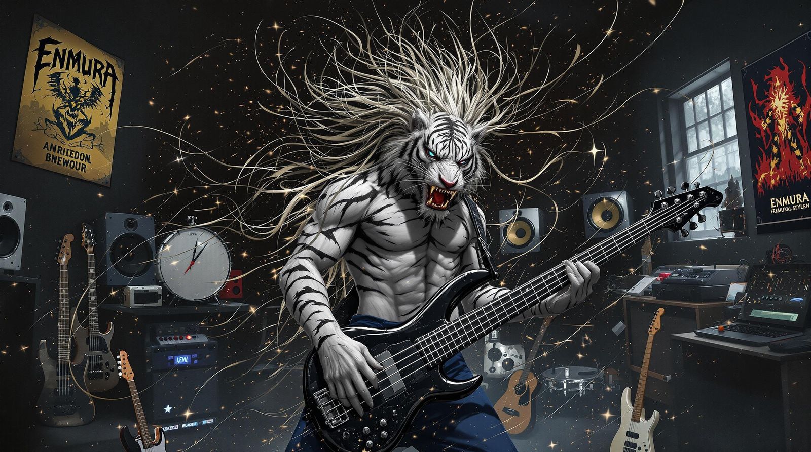 Tall Tiger-Human Hybrid in Inspiring Workspace