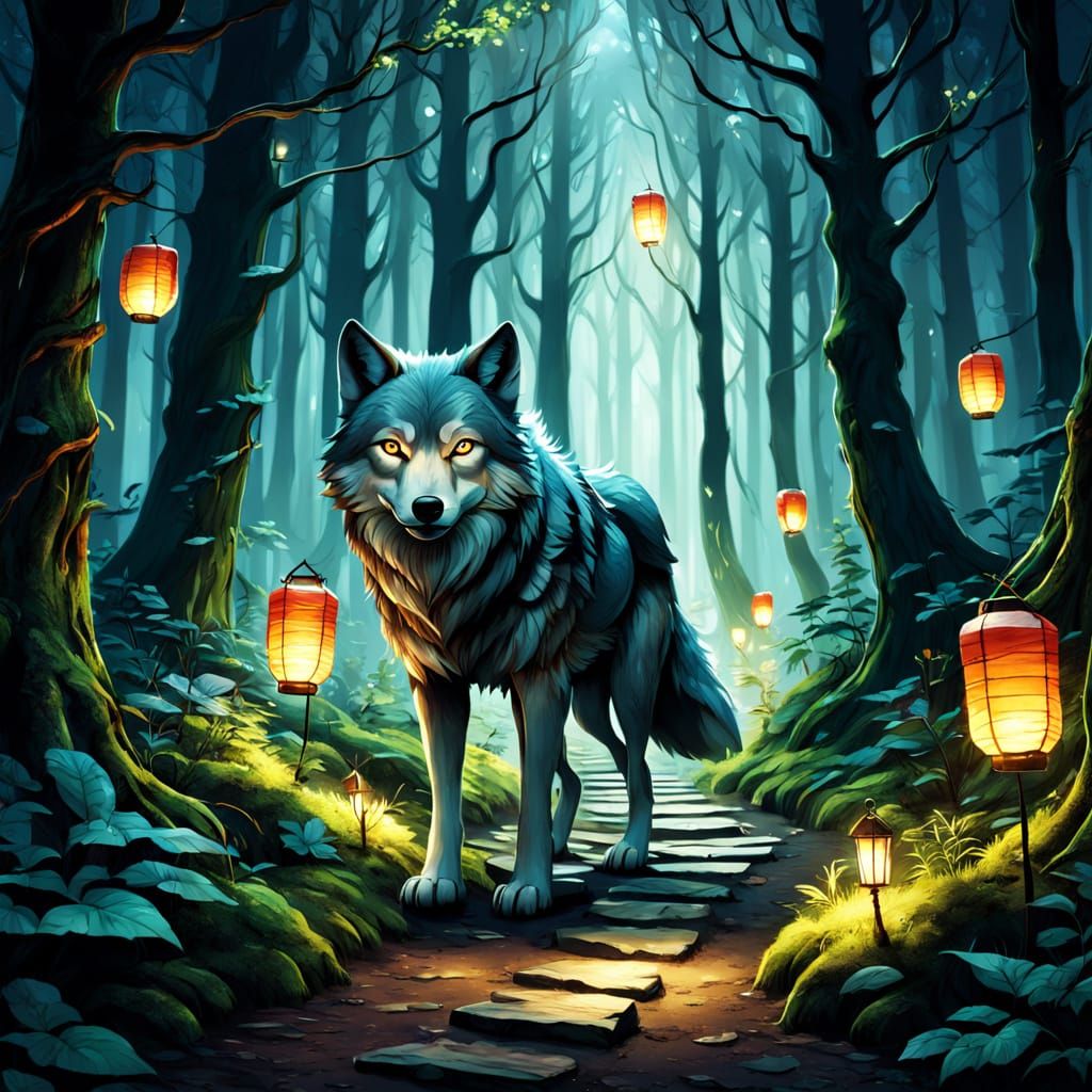 Mystical Forest Path with Lanterns and Wolf