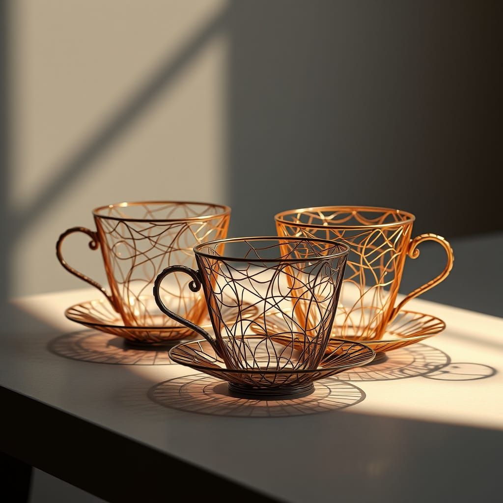 Intricate Wire Tea and Coffee Cups in Matte Painting Style