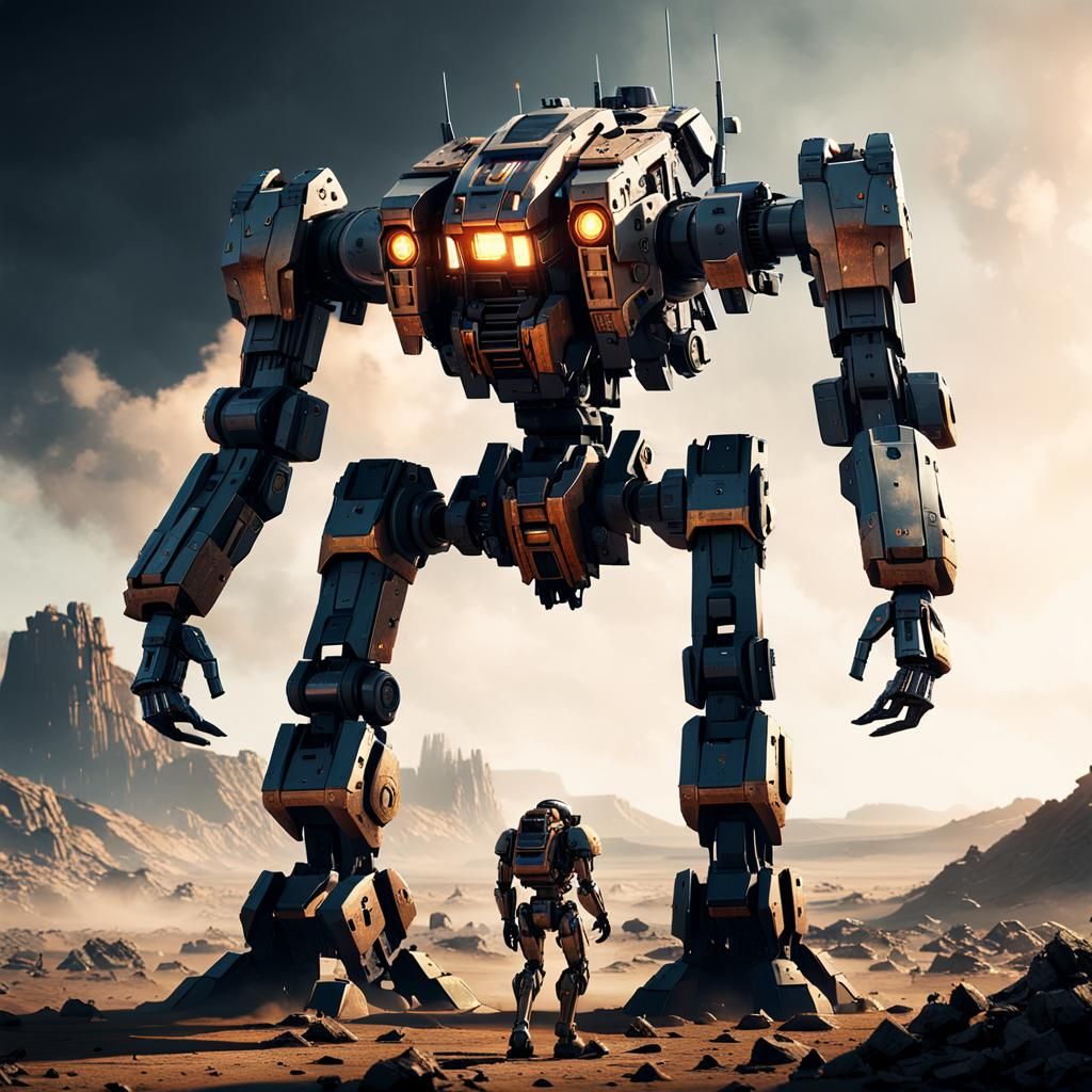 Sci-Fi Mech on War-Torn Battlefield