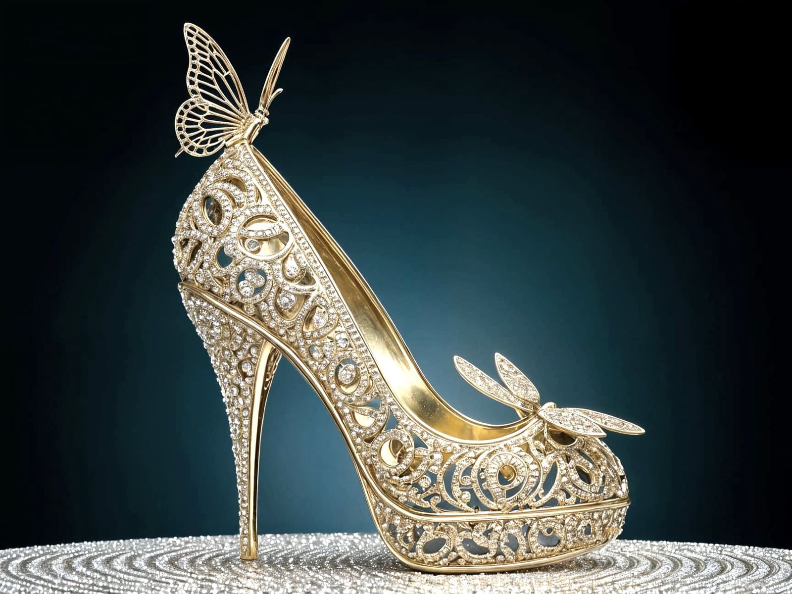 Luxurious Fantasy Gold Heel with Butterfly and Diamonds