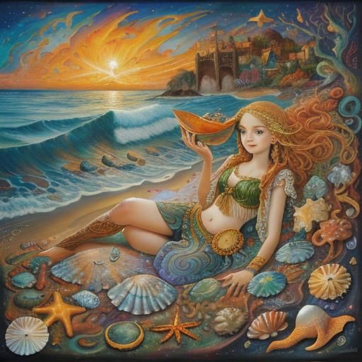 Seascape with Shells in Heavy Impasto Style