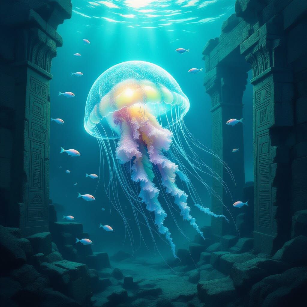 Bioluminescent Jellyfish in Sunken City Ruins