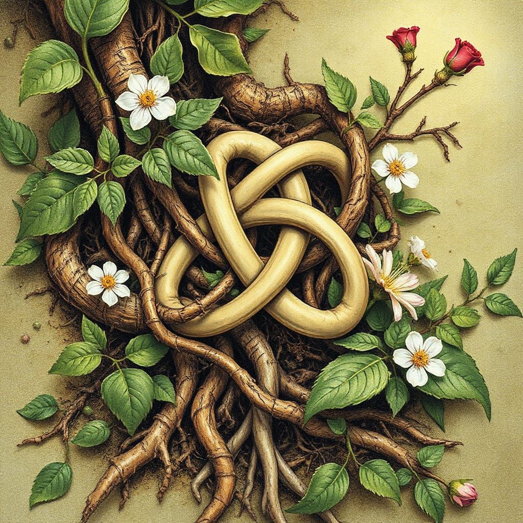 Celtic Knot with Vines and Flowers in Botanical Style