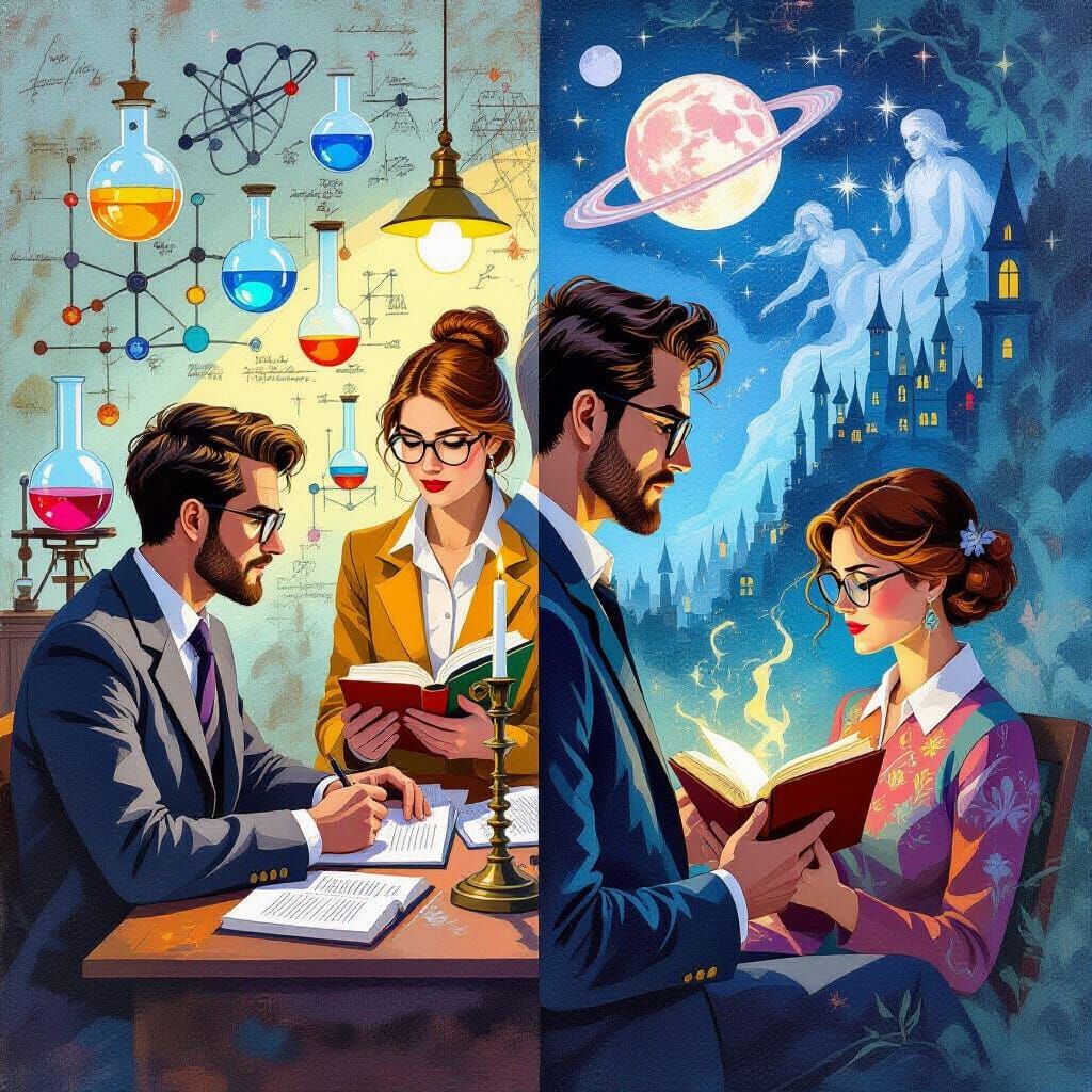 Gouache Painting Contrasting Science and Sci-Fi Escapism