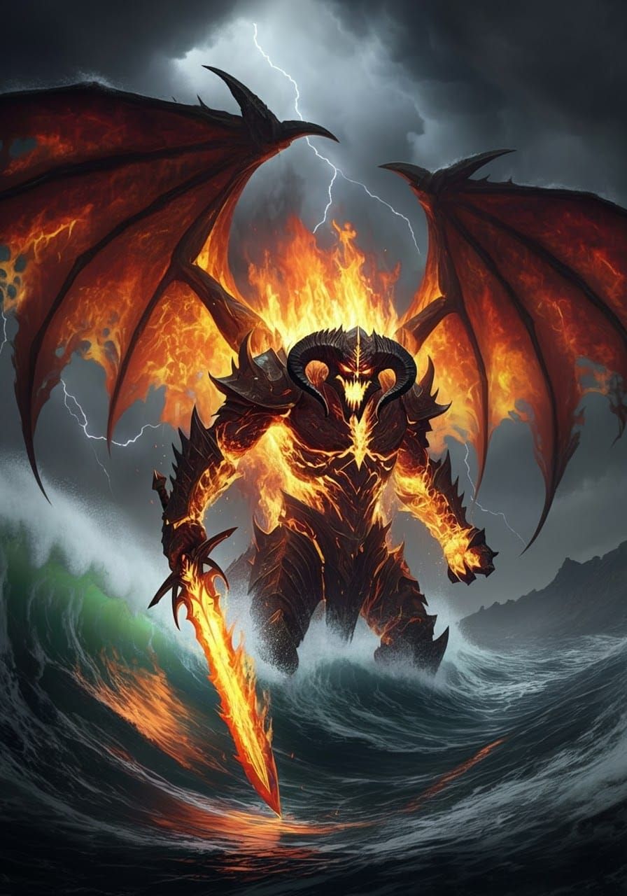 Fiery Balrog Amidst Stormy Waters