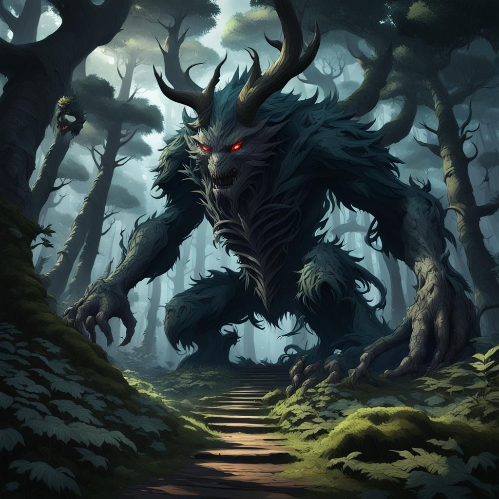 Mysterious Forest of Illusions with Anime Style Monsters