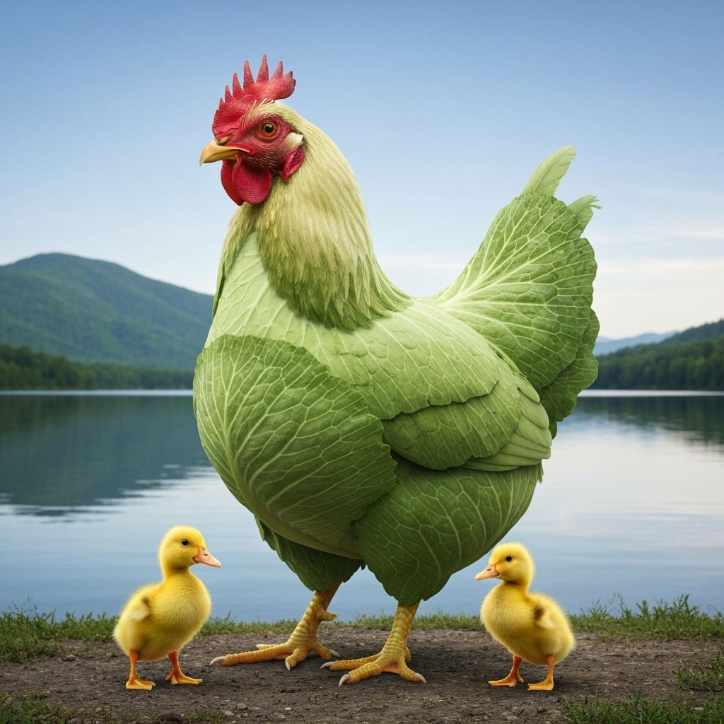 Humorous Cabbage Chicken by a Lake