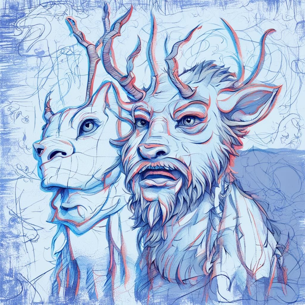 Doodle Art: Horned Satyr Face with Stylized Beard