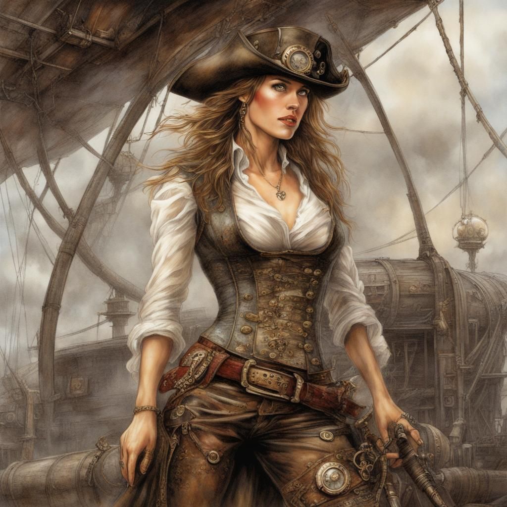 Steampunk Pirate on Airship in Royo Style