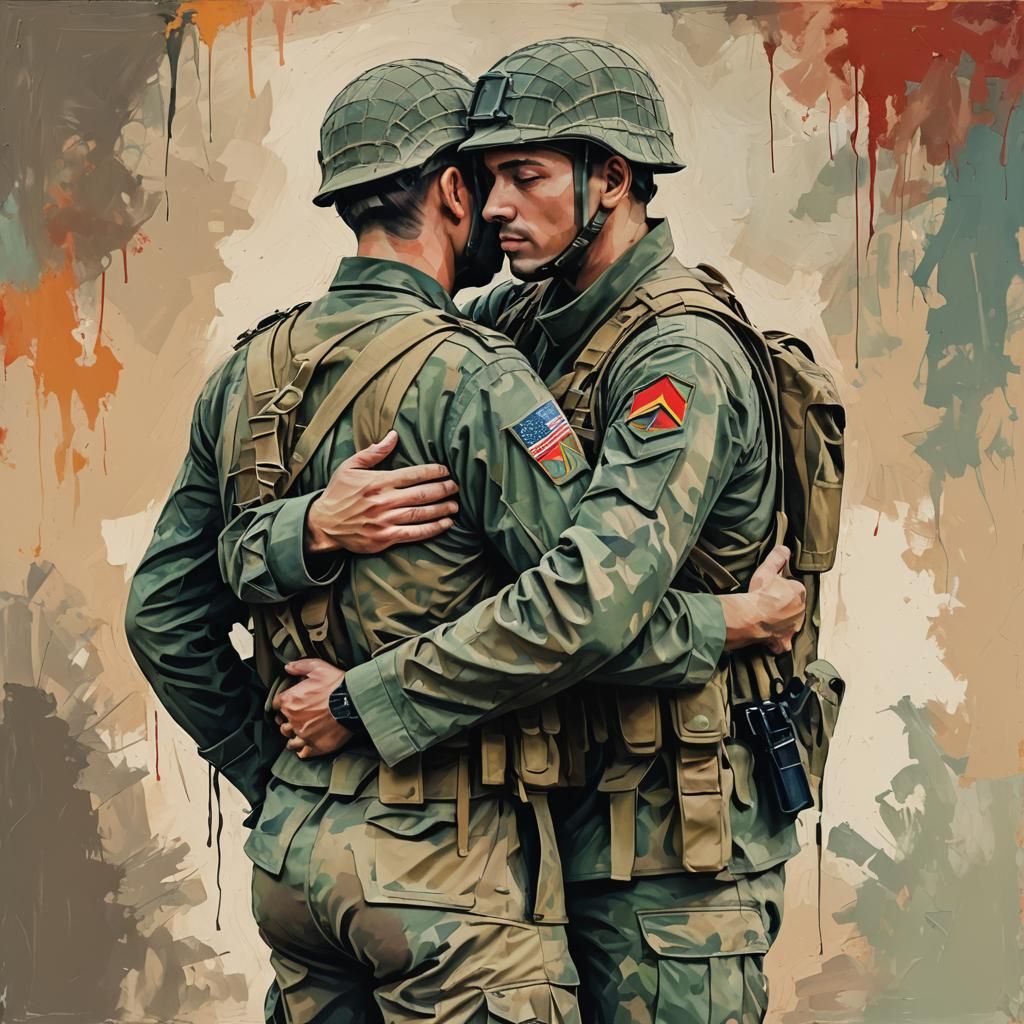 Gay Soldiers Embracing: Abstract Art in Vivid Colors