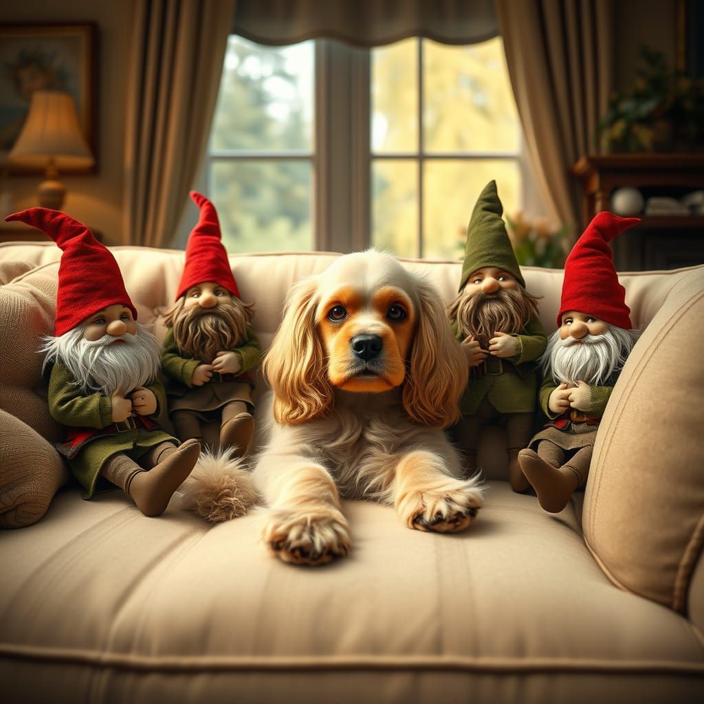 Cocker Spaniel and Gnomes in Cozy Living Room