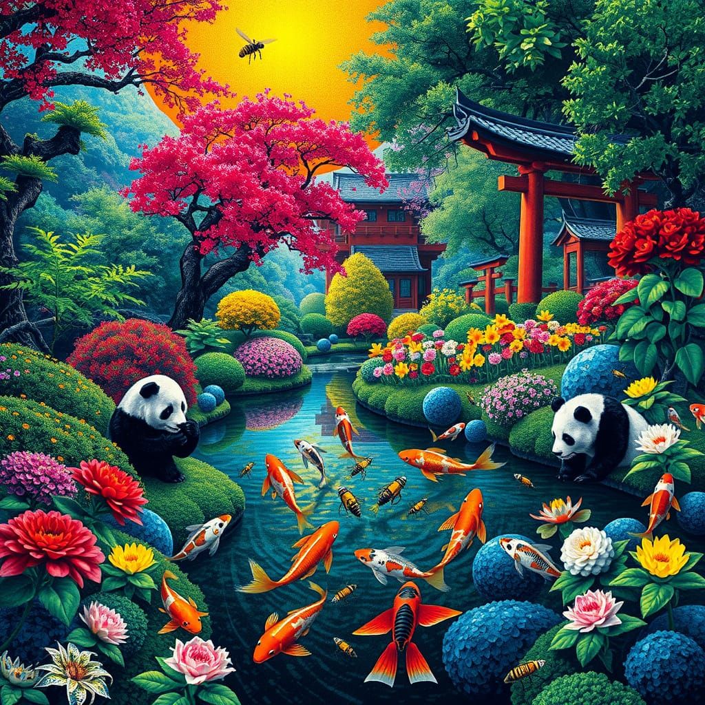 Surreal Japanese Gardens in Vibrant Pointillism