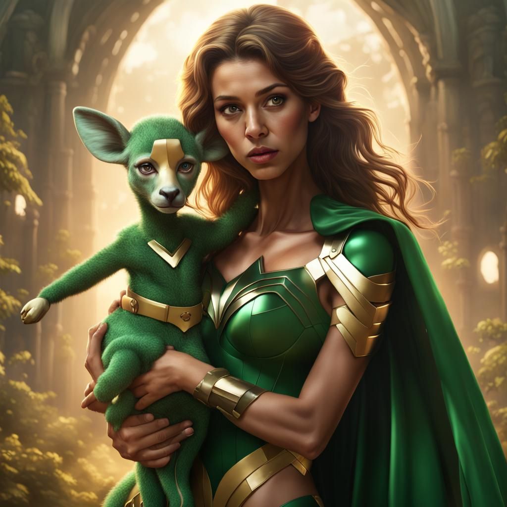 Superhero Girl Holding Giraffe: Fantasy Concept Art