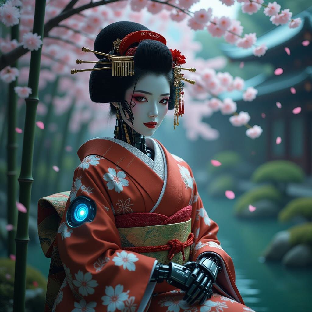 Cyborg Geisha in Bamboo Garden, Dark Fantasy Style