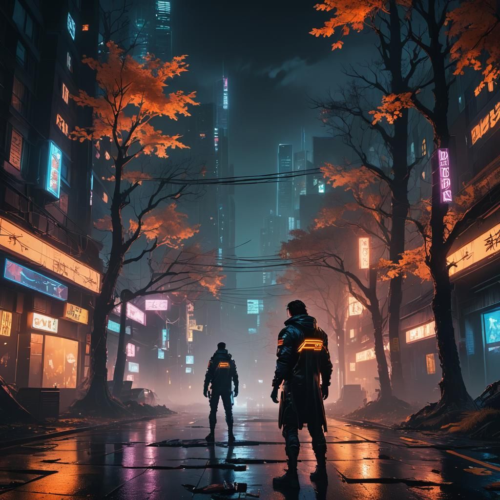 Cyberpunk Forest Edge: Neon Lights and Dark Trees