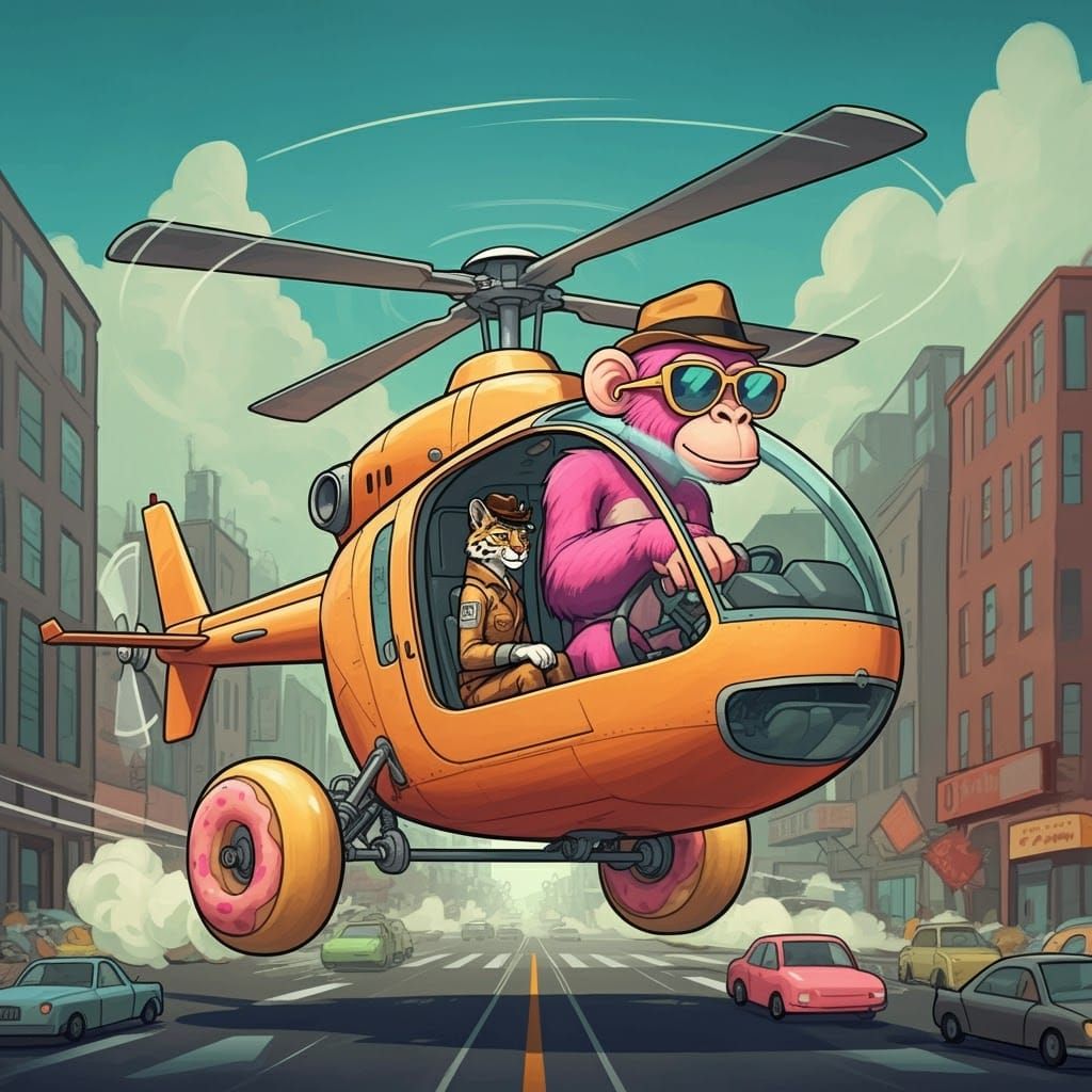 Cartoon Cat Pilot and Monkey Co-Pilot in Helicopter