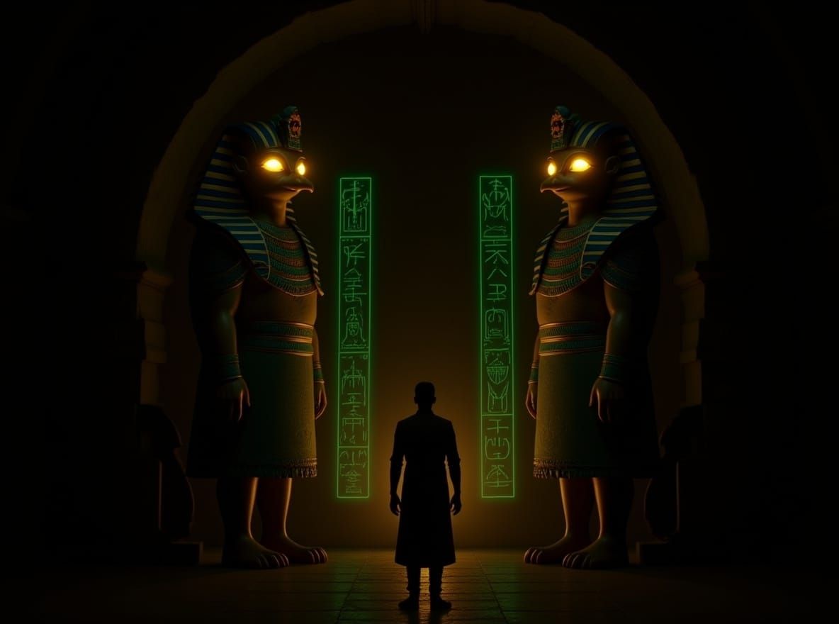 Ancient Temple Gate with Horus Statues