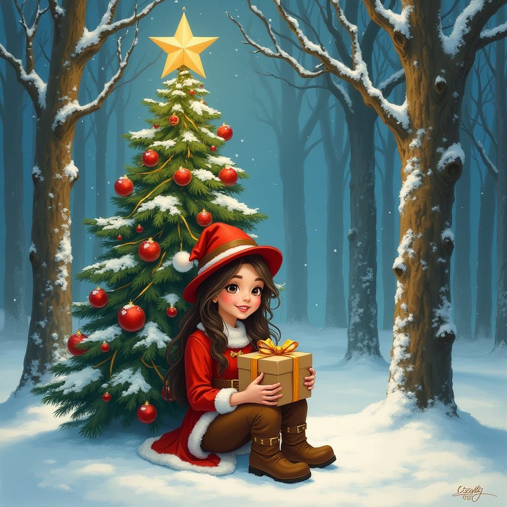 Christmas Forest Scene with Woman in Costume