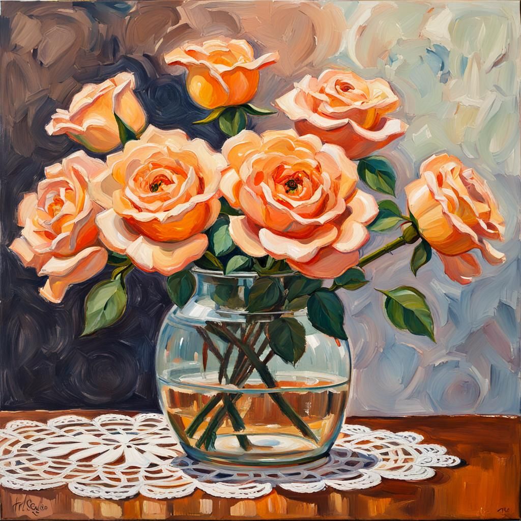 Apricot Rose Still Life: Neo-Impressionist Oil Painting