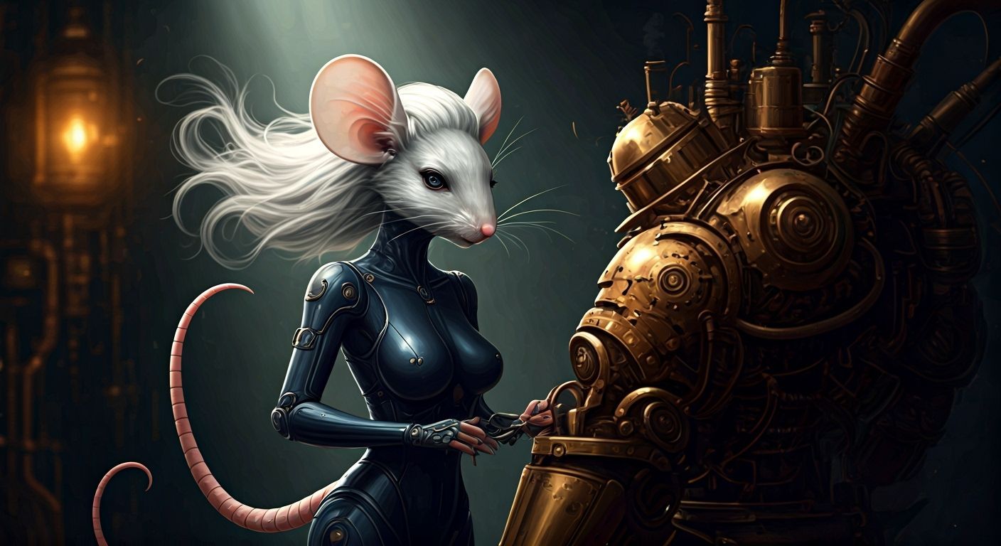 Steampunk Mouse-Woman Tinkering with Armor