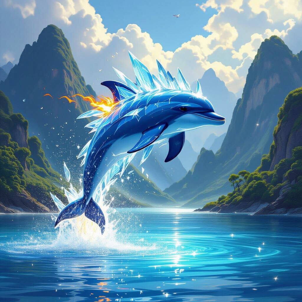 Dolphin Goddess of Ice and Fire Leaping from Blue Lagoon