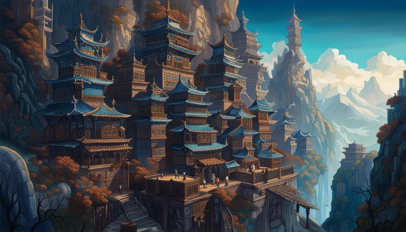 Fantastical Mountain City: Oriental Dark Fantasy Architectur...