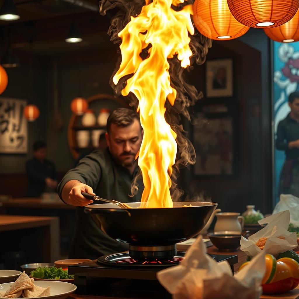 Fiery Sushi Chef in Hyperrealistic Style