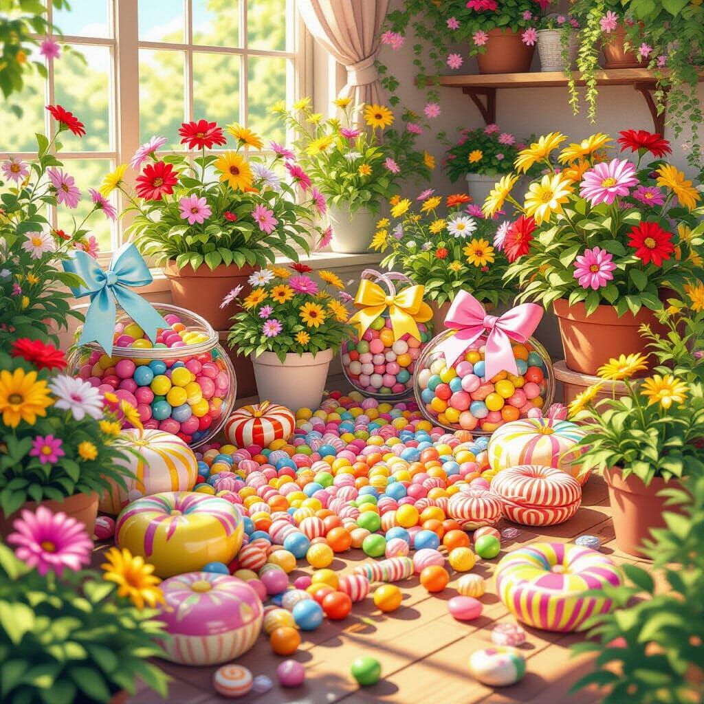 Vibrant Candy and Flower Scene in 3D Anime Style