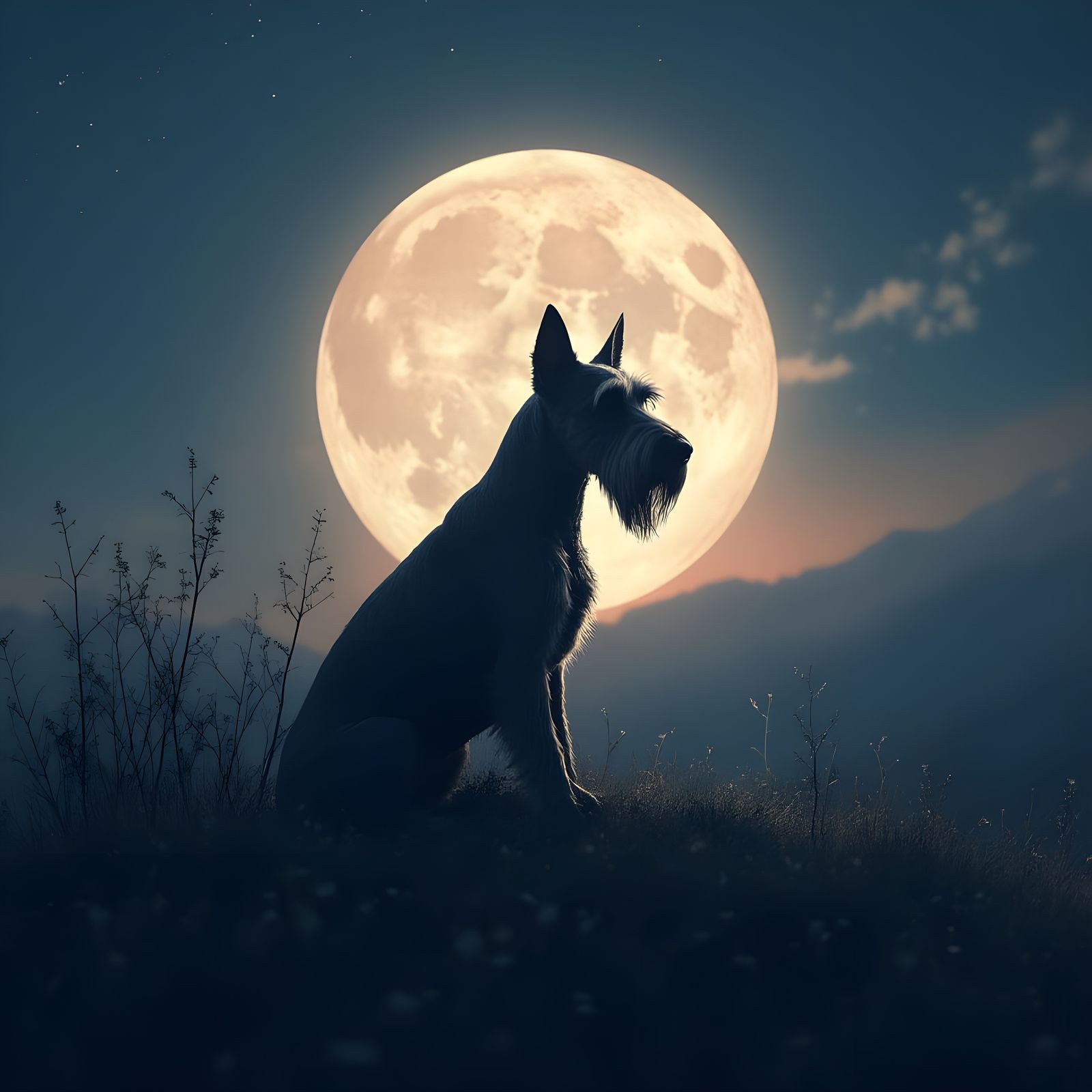 Noble Schnauzer Silhouette Under Twilight Moon
