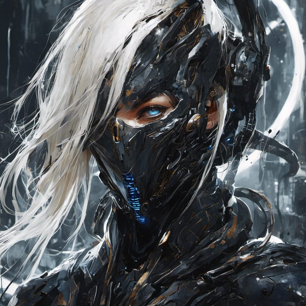 Metallic-Eyed Woman with Alluring Smirk in Cyberpunk Style