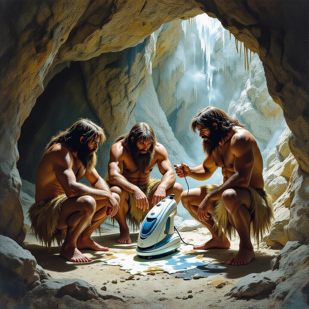 Cavemen Discover Melted Ironing Machine in Mystical Setting