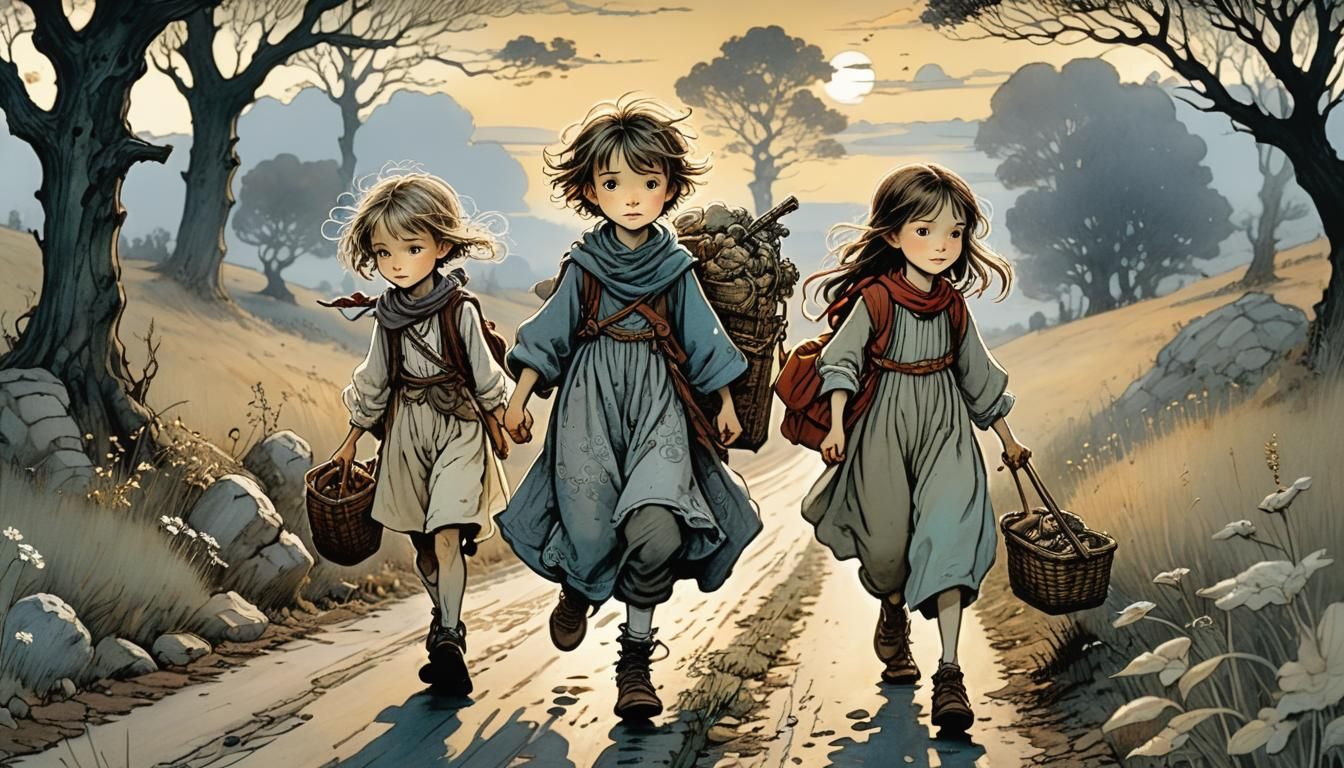 Children's Journey at Dusk: Storybook Illustration