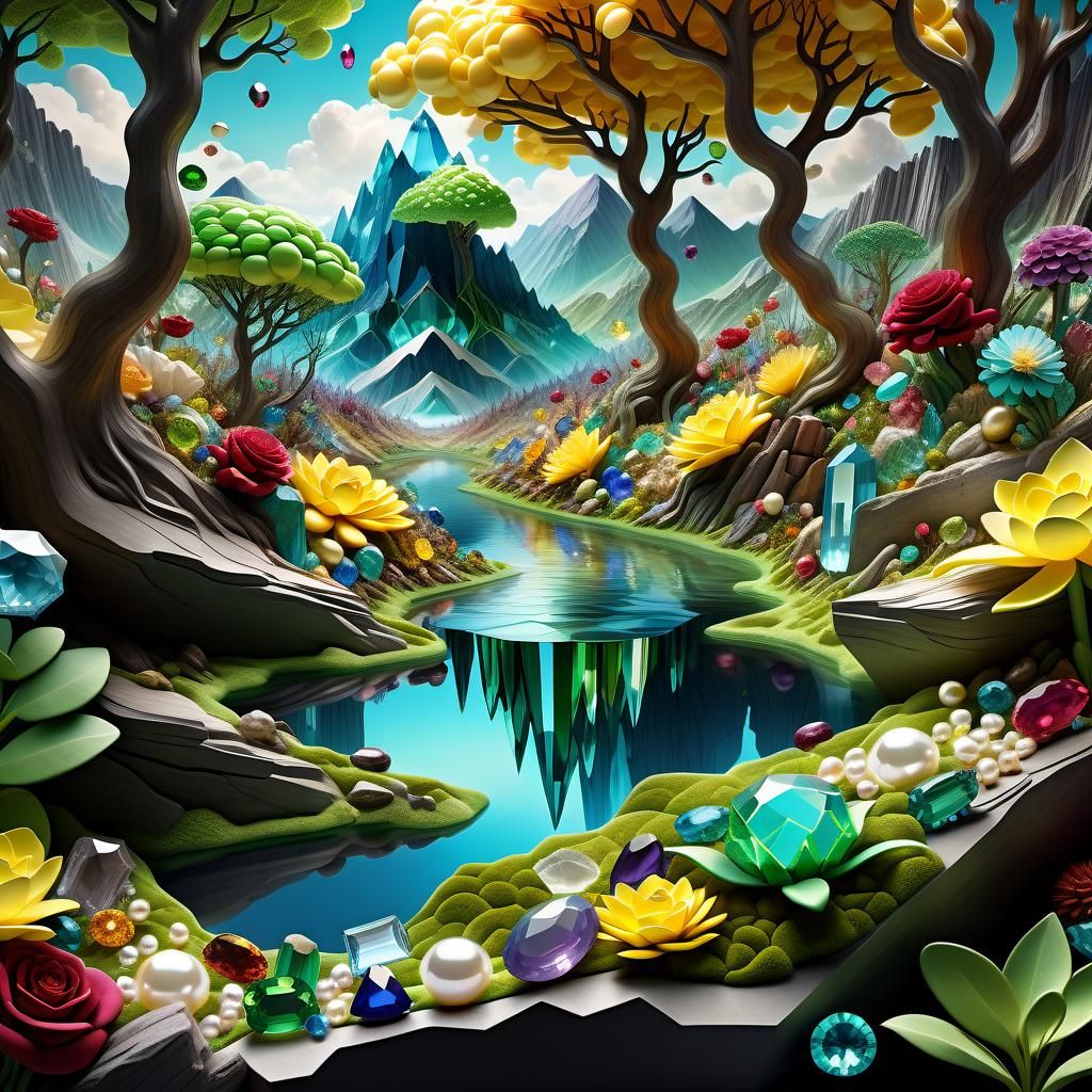 Vibrant Gemstone Paradise in Sunset Glow, Pixar-Inspired 3D...