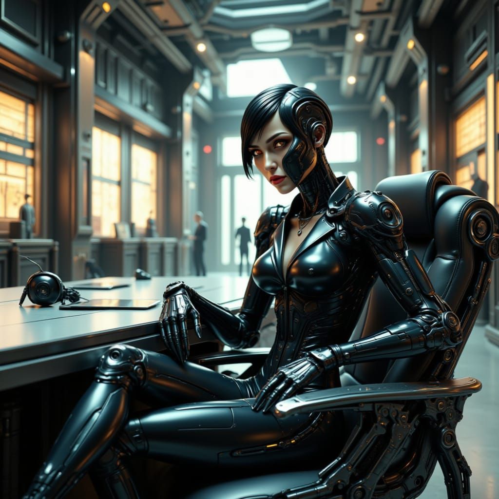 Cyborg CEO in Cyberpunk Office