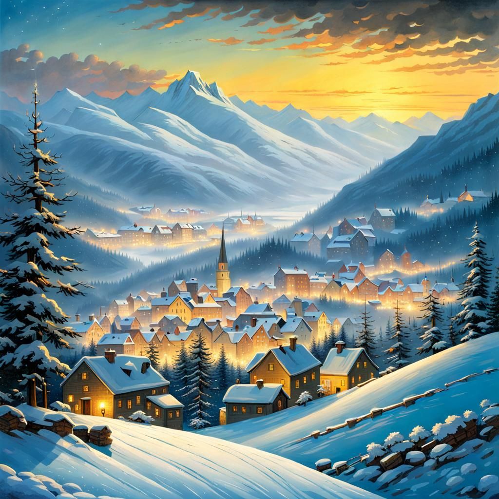 Romantic Winter Town in Mountain Landscape