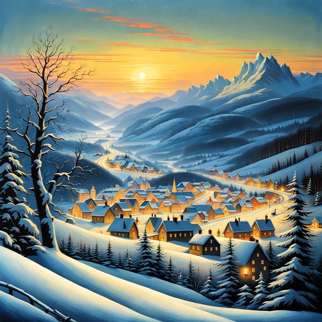 Winter Town in Mountains: Romantic Landscape