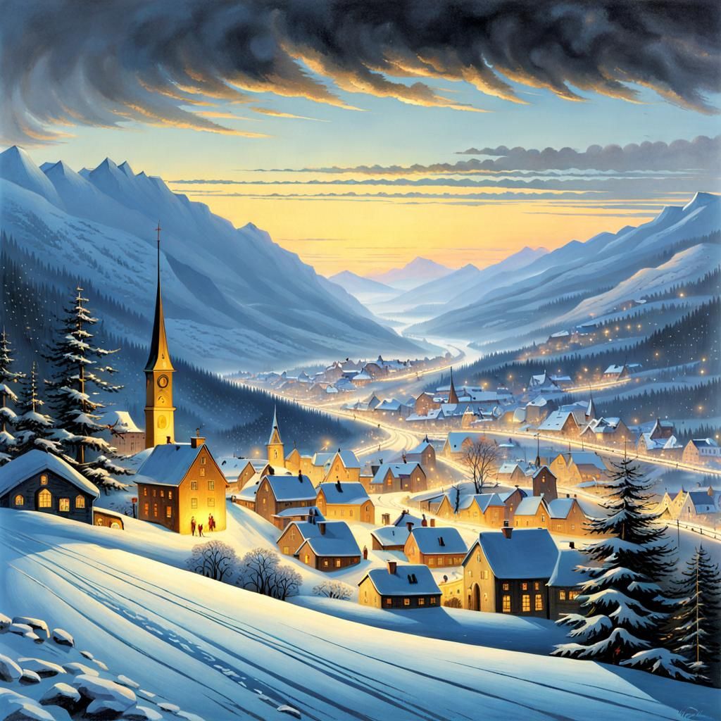 Shining Winter Mountain Town Landscape