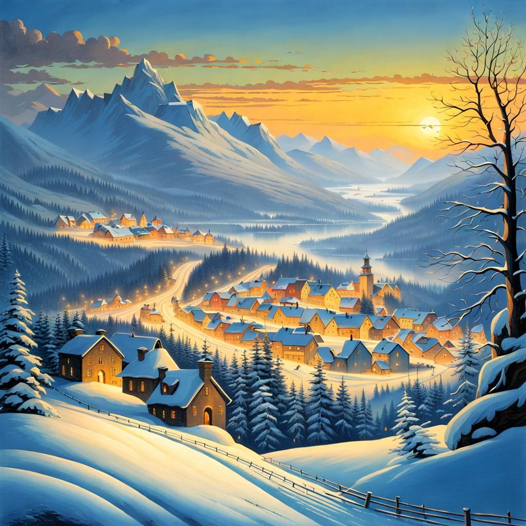Picturesque Winter Town in Mountain Landscape