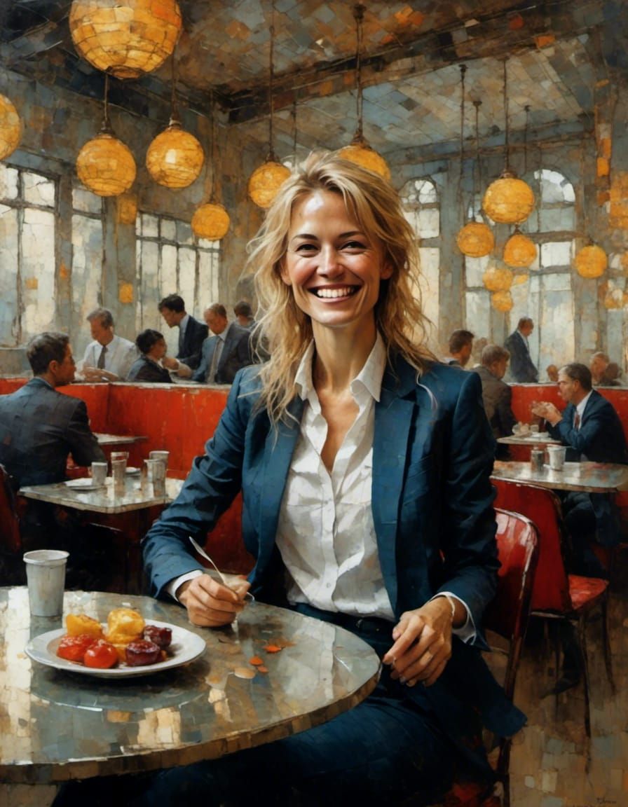 Happy Woman in Cafeteria with Sfumato Oil Painting Style