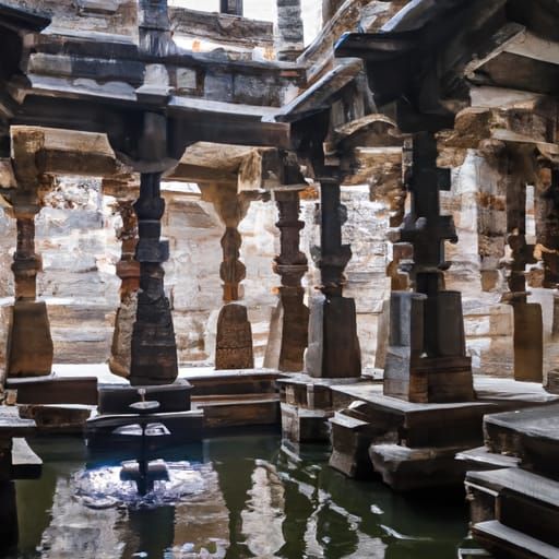 Spacious Stone Temple Interior with Water Features
