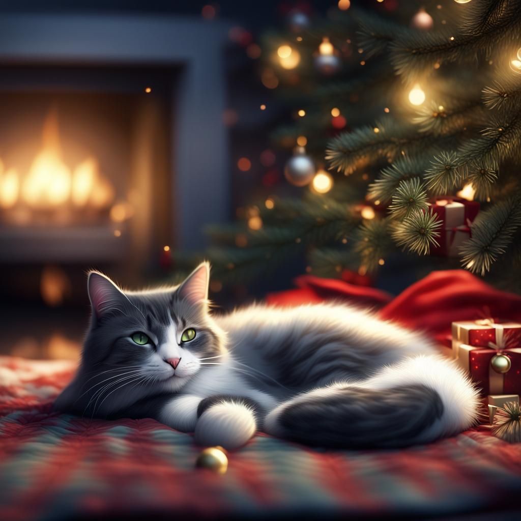 Content Cat Nap Beneath Christmas Tree