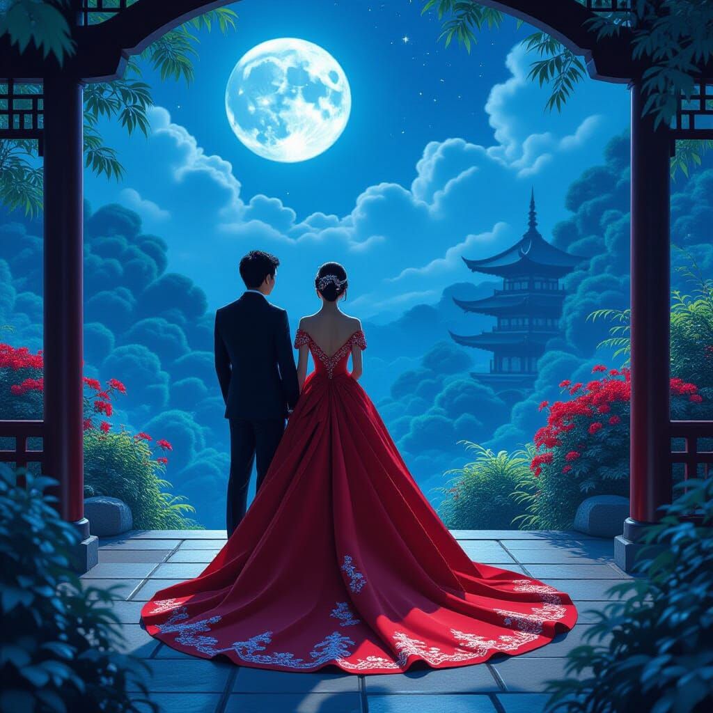 Japanese Bride and Groom in Moonlit Garden