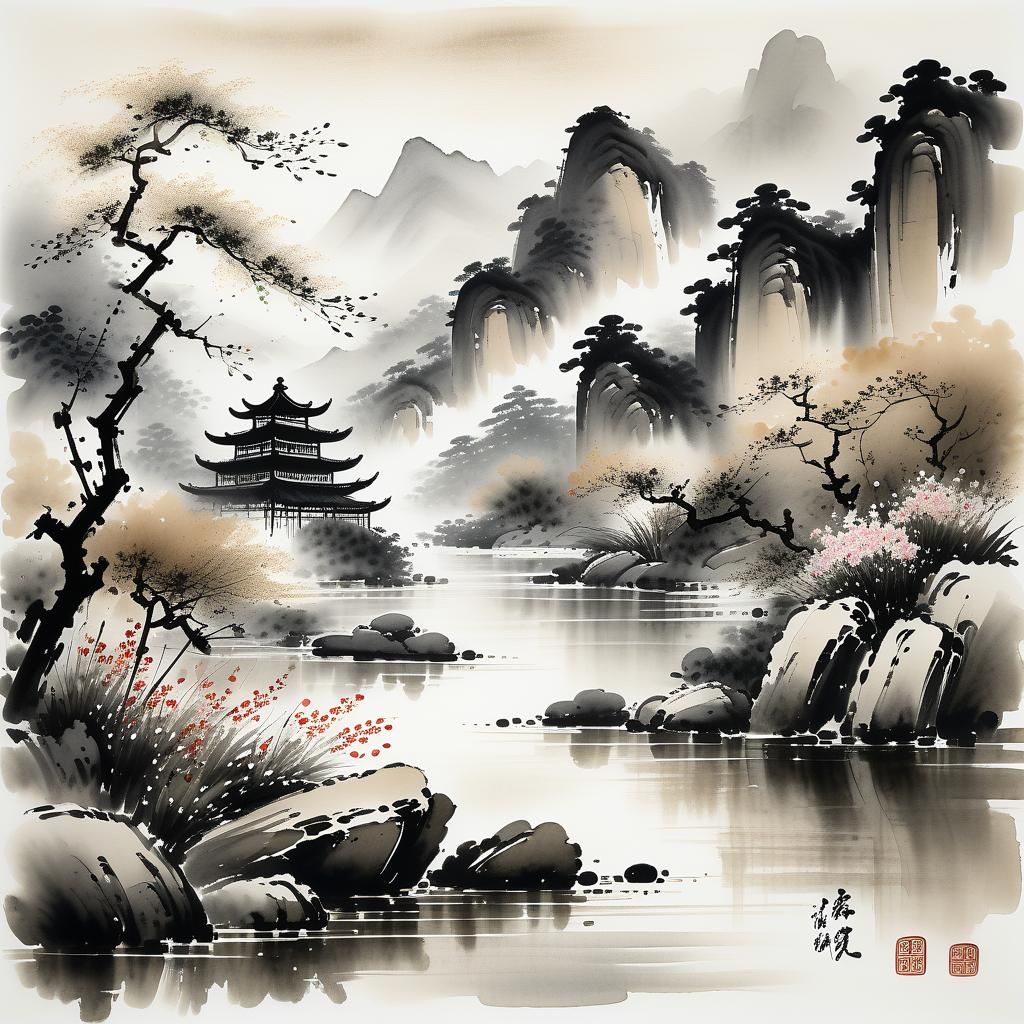 Chinese Ink Wash Painting: Serene River Landscape