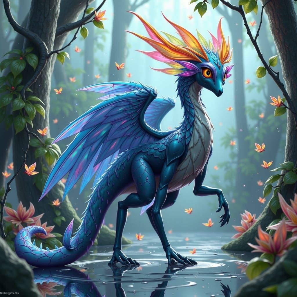Blue Fire Griffin in a Tropical Riverbed
