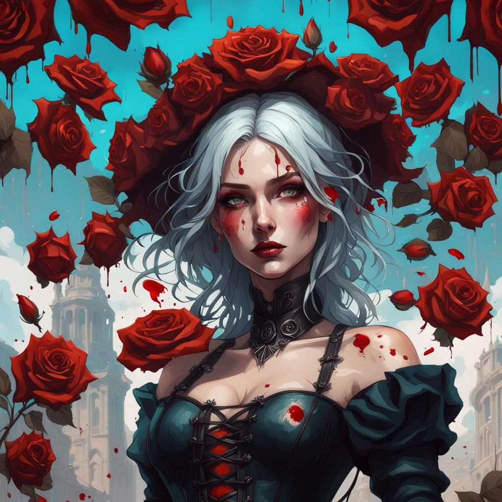 Woman with Roses and Blood, Hyperdetailed Concept Art
