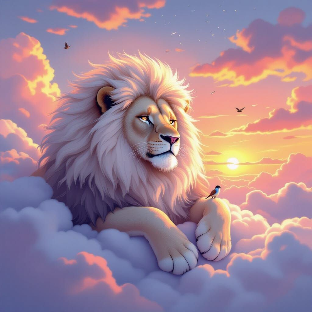 Cloud Lion Lounging in Sunset Sky, Surreal Fantasy Art