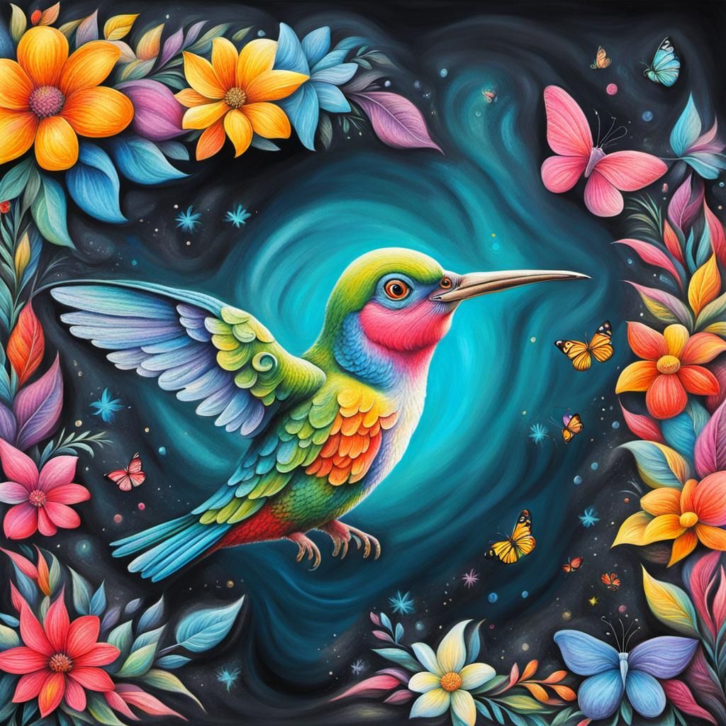 Chalk Art ( collorfull Hummingbird )